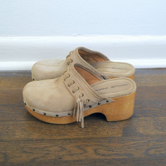Vintage Hokus Pokus Wooden Suede Leather Platform Mules Clogs - Picture 7 of 9